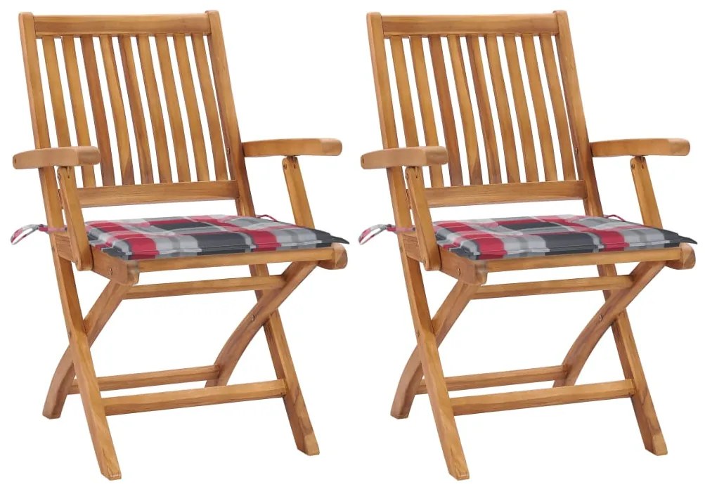 vidaXL Καρέκλες Κήπου 2 τεμ. Μασίφ Ξύλο Teak με Κόκκινα Καρό Μαξιλάρια