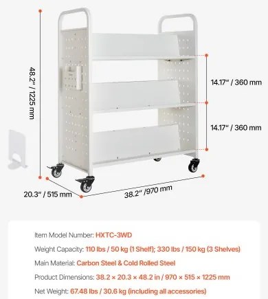 VEVOR 3-Tier Rolling Book Cart Double Sided W-Shaped Shelves Book Truck in White