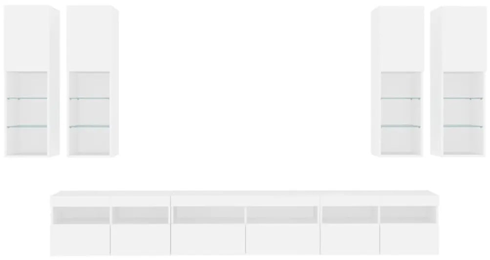 Ντουλάπια Τηλεόρασης Τοίχου Σετ 7 τεμ. με Φώτα LED Λευκά - Λευκό