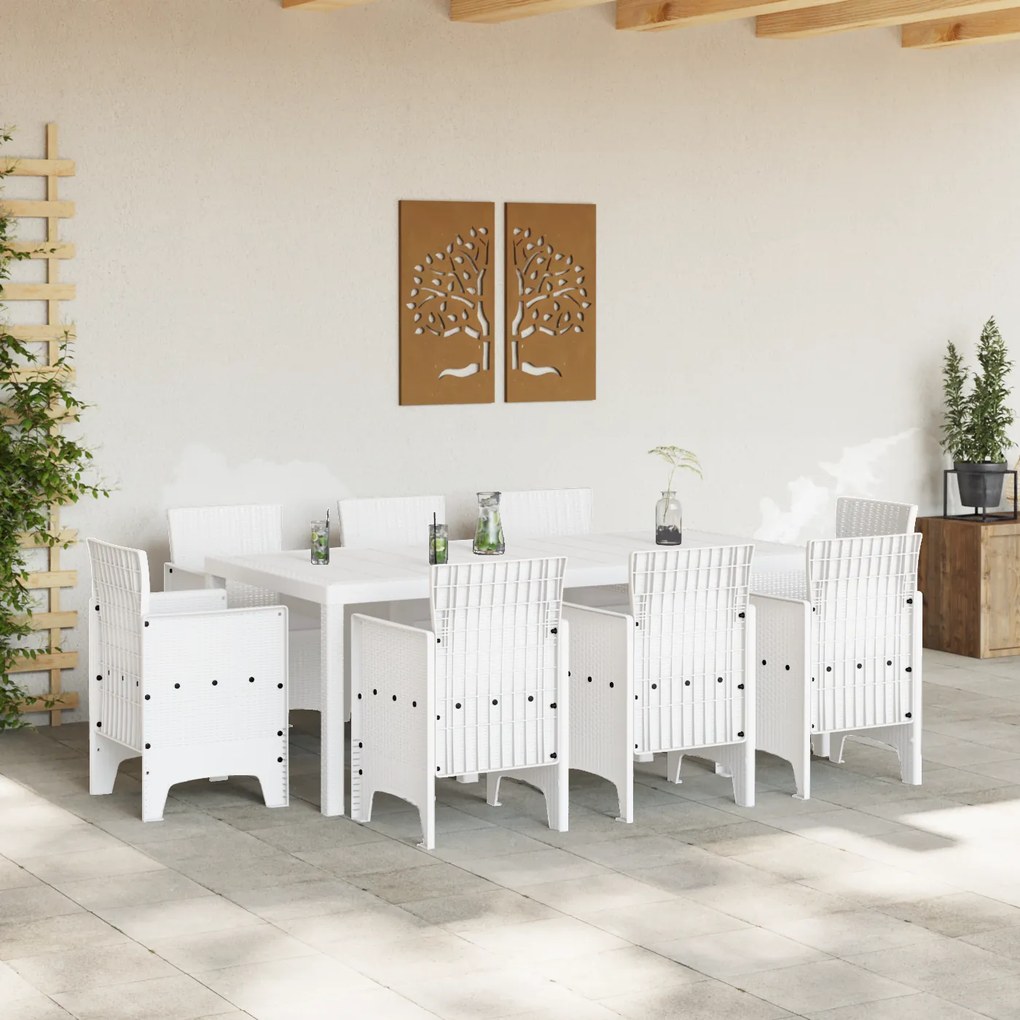 vidaXL Σετ Τραπεζαρίας Κήπου 9 pcs Λευκό Πολυ ρατάν, Γυαλί
