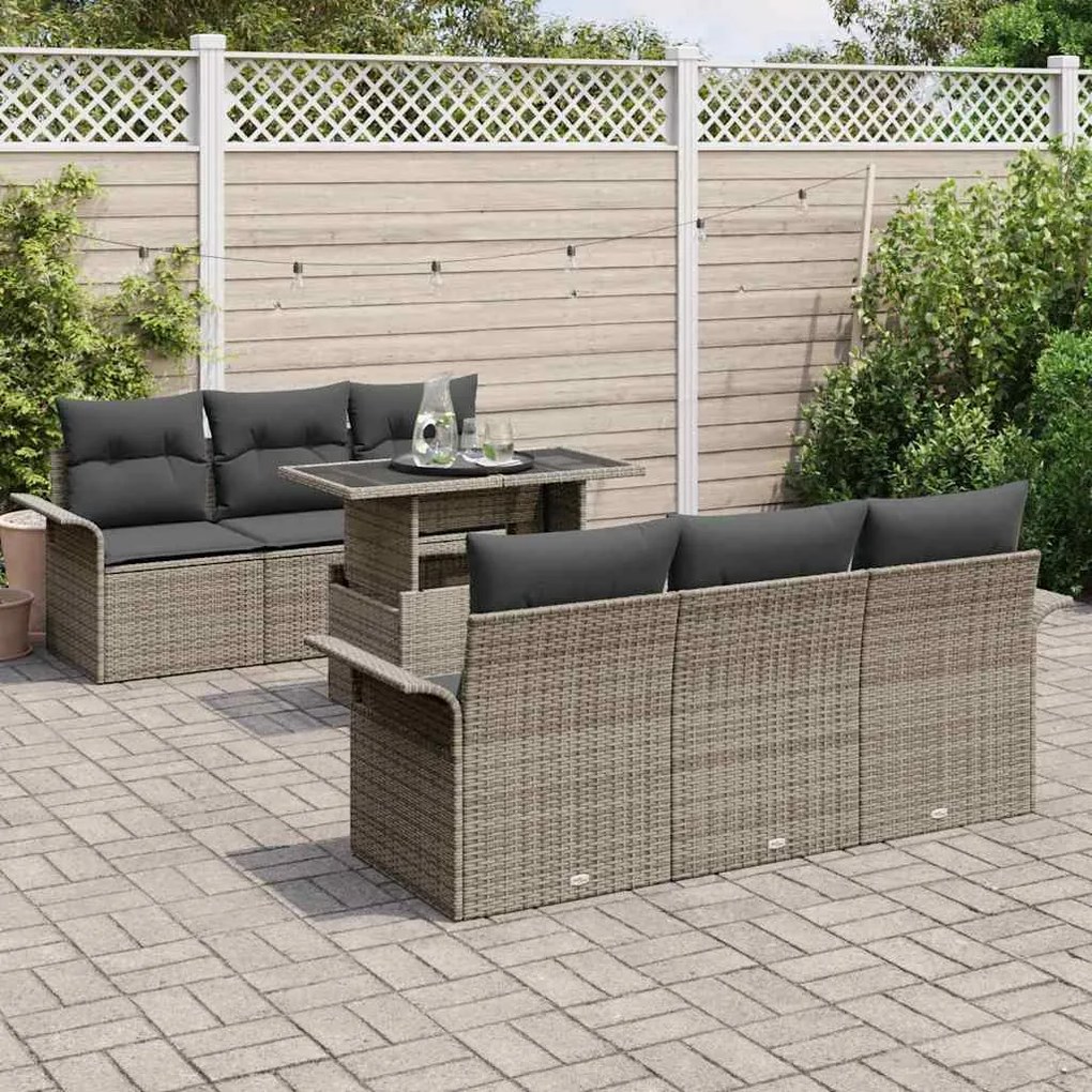 vidaXL Σετ Καναπέ Κήπου με μαξιλάρι 7 pcs Γκρι Πολυ ράταν