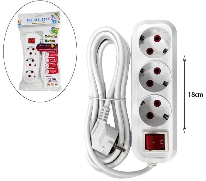 Πολύμπριζο 3 Θέσεων με καλώδιο 3 μέτρα και διακόπτη Ruri.BW - 3 Position Socket Extension 3m-141535-172597