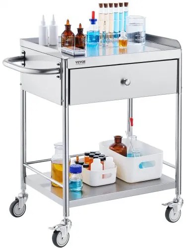 VEVOR Medical Cart, 2 Layers Stainless Steel Cart 220 lbs Weight Capacity, Lab Utility Cart with 360° Silent Wheels and a Drawer for Lab, Clinic, Kitchen, Salon