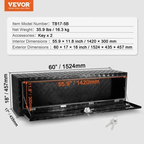 VEVOR Underbody Aluminum Truck Tool Box 60&quot; x 17&quot; x 18&quot; Trailer RV Tool Storage