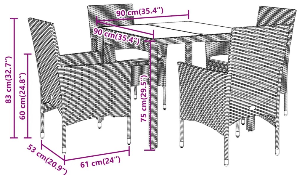 vidaXL Σετ Τραπεζαρίας Κήπου 5 τεμ. Μαύρο Συνθ.Ρατάν/Ακακίας Μαξιλάρια