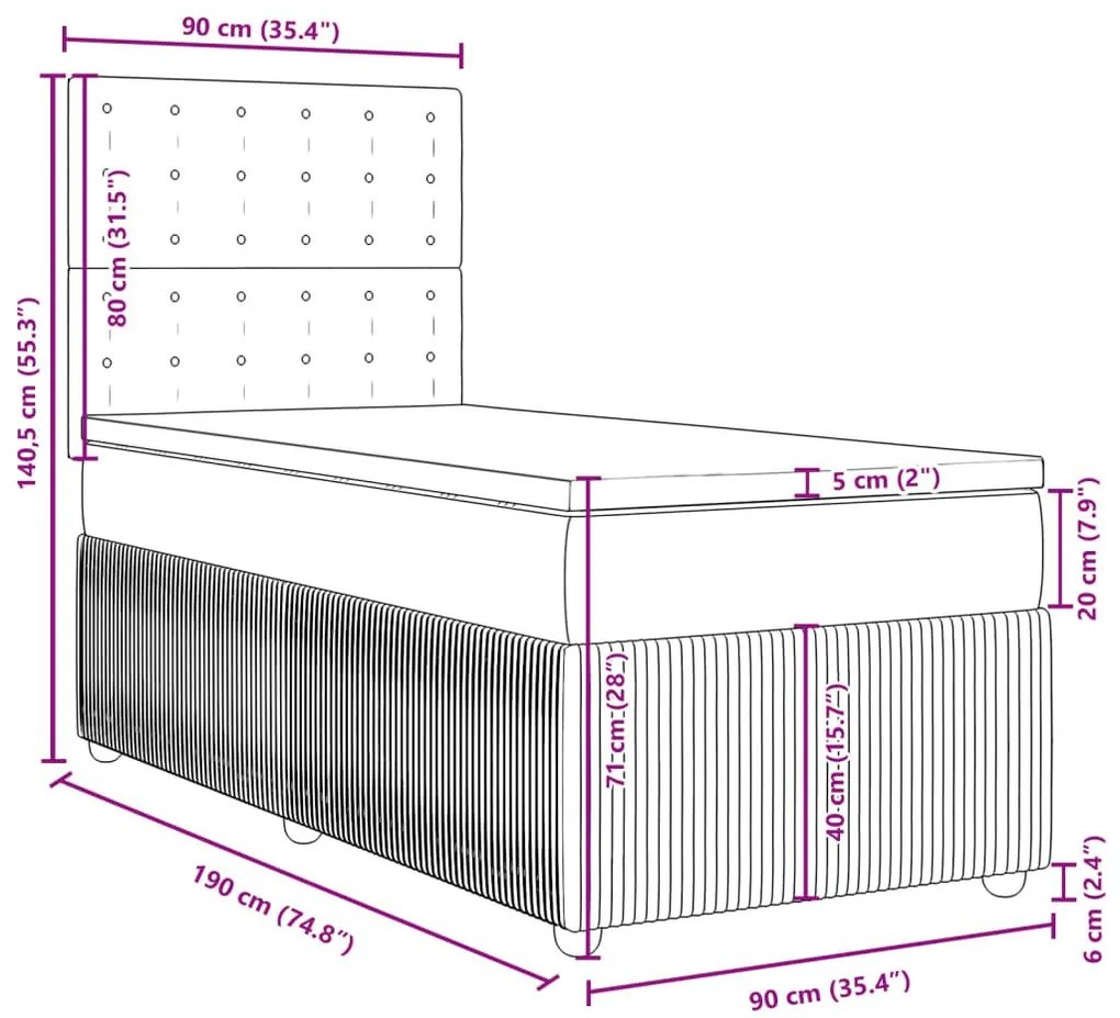 Κρεβάτι Boxspring με Στρώμα Μπλε 90x190 εκ.Υφασμάτινο - Μπλε