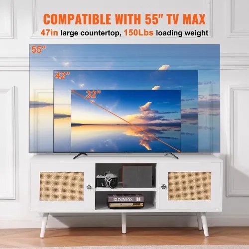 VEVOR Rattan TV Stand, Boho TV Cabinet for 55 inch TV, Mid Century Modern TV Stand, Rattan TV Console with Adjustable Shelfs for  Living Room, Media Room, White
