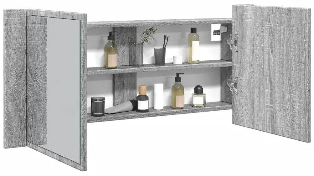 vidaXL Ντουλάπι Μπάνιου με Καθρέφτη / LED Γκρι Sonoma 100x12x45 εκ.