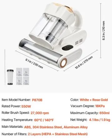 VEVOR Mattress Vacuum Cleaner with 18Kpa Powerful Suction HEPA Filter 550W White