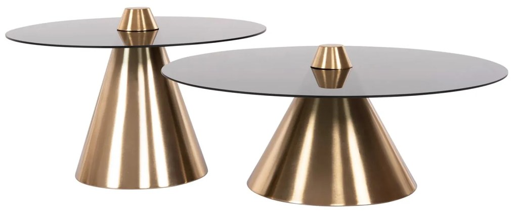 Τραπεζάκια σαλονιού REBEN Σετ 2 τμχ Μέταλλο Χρυσό - Φιμέ Γυαλί Μαύρο Φ80 & Φ60 εκ.