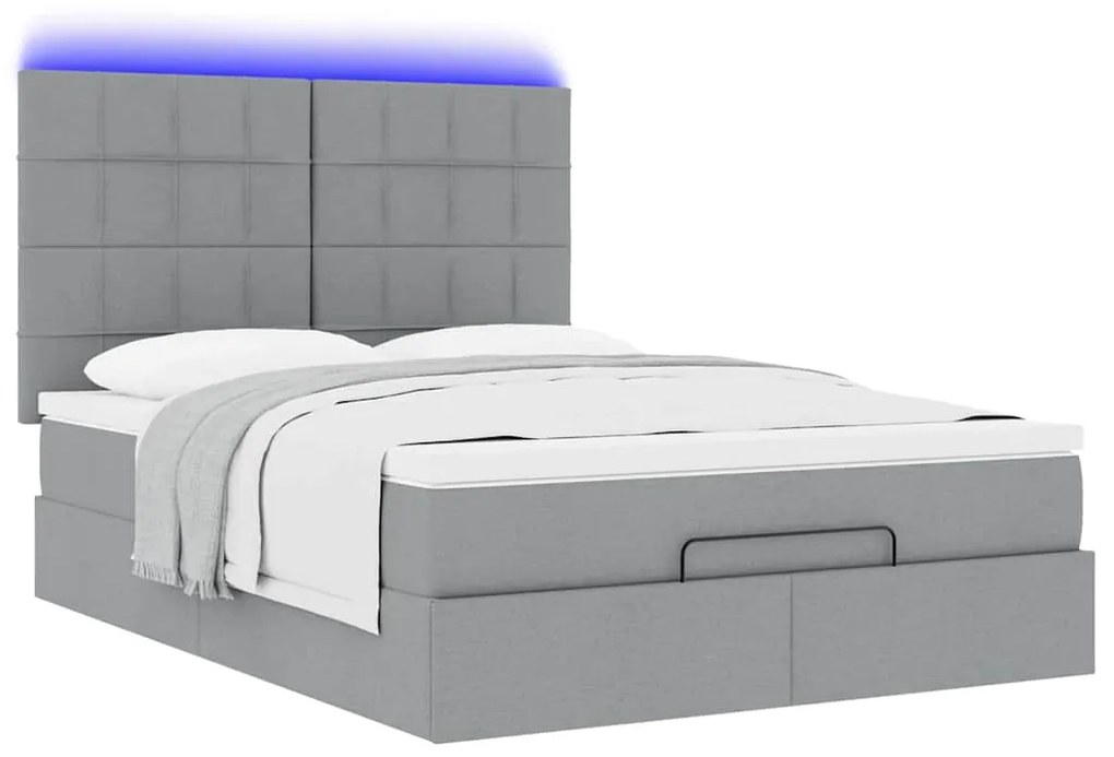 vidaXL Οθωμανικό κρεβάτι με στρώμα & LEDs Ανοιχτό γκρι ύφασμα
