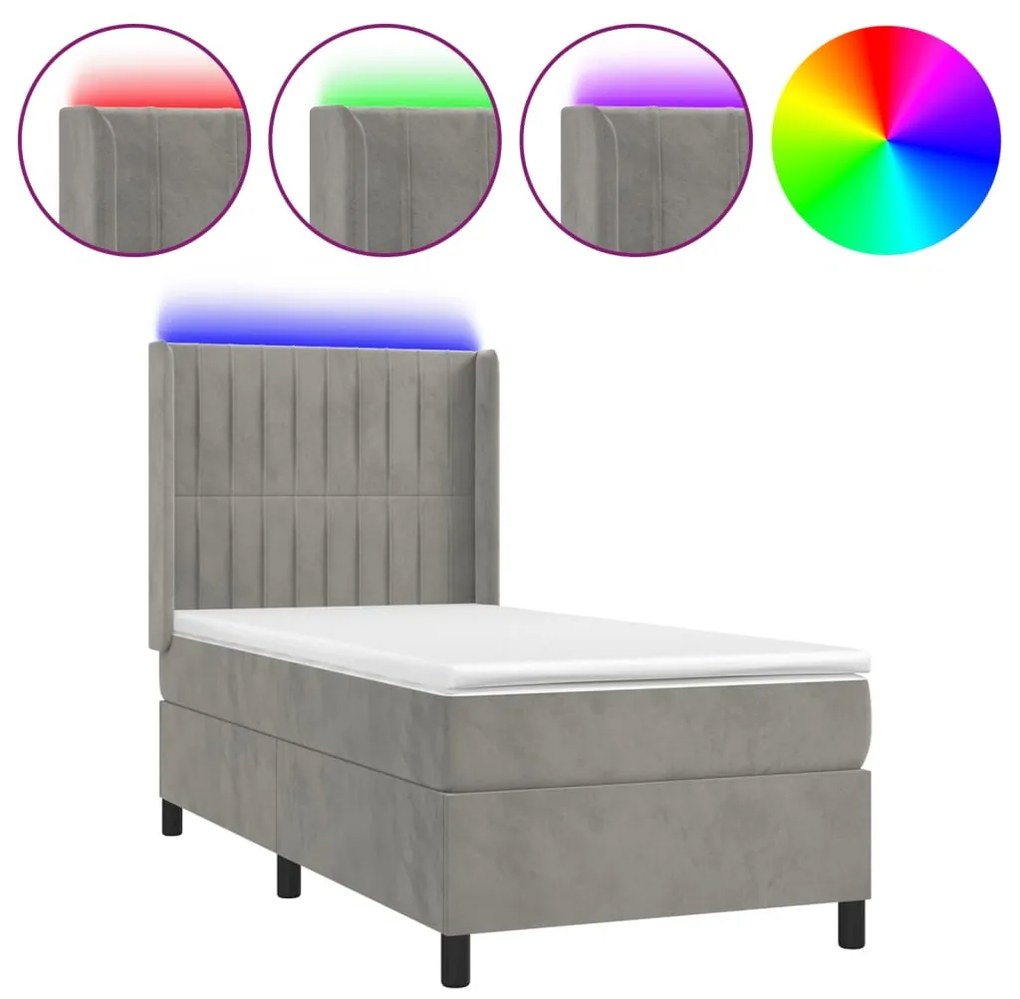 Κρεβάτι Boxspring με Στρώμα &amp; LED Αν.Γκρι 80x200 εκ. Βελούδινο - Γκρι