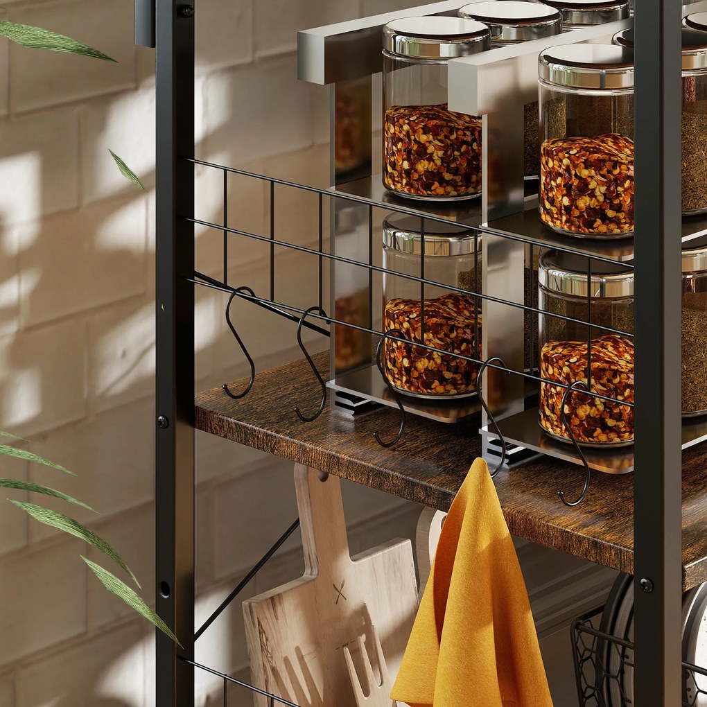 Ράφι κουζίνας HOMCOM, ράφι δαπέδου με 2 πρίζες, 5 S-άγκιστρα, 5 ράφια, καλάθι, χαλύβδινες μπάρες Χ, 90 x 42 x 130 cm