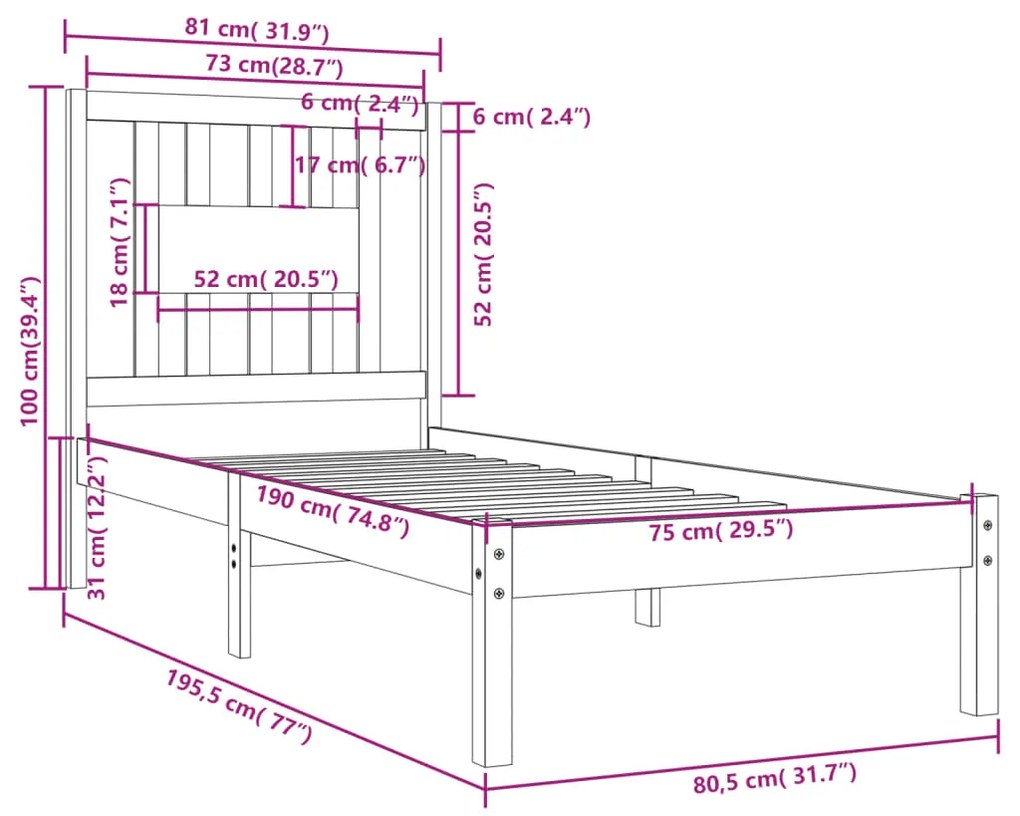 vidaXL Πλαίσιο Κρεβατιού Μαύρο 75 x 190εκ. από Μασίφ Ξύλο Small Single
