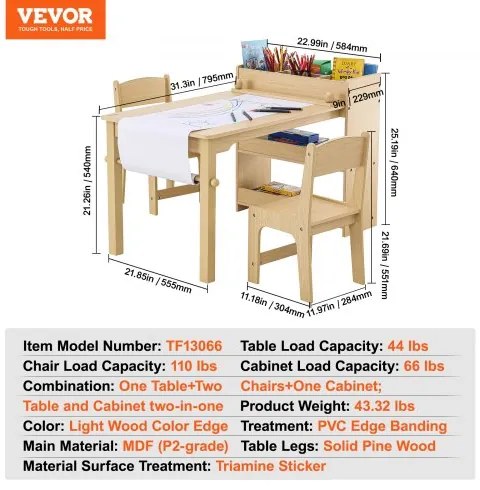 VEVOR Kids Art Table and 2 Chairs Toddler Craft and Play Table with A Cabinet