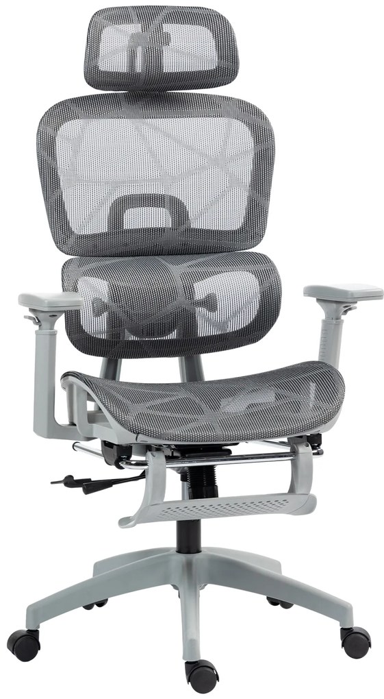 HOMCOM καρέκλα γραφείου, εργονομική καρέκλα γραφείου με κάλυμμα πλέγματος, ρυθμιζόμενη, τροχήλατη, με μπράτσα, προσκέφαλο, γκρι