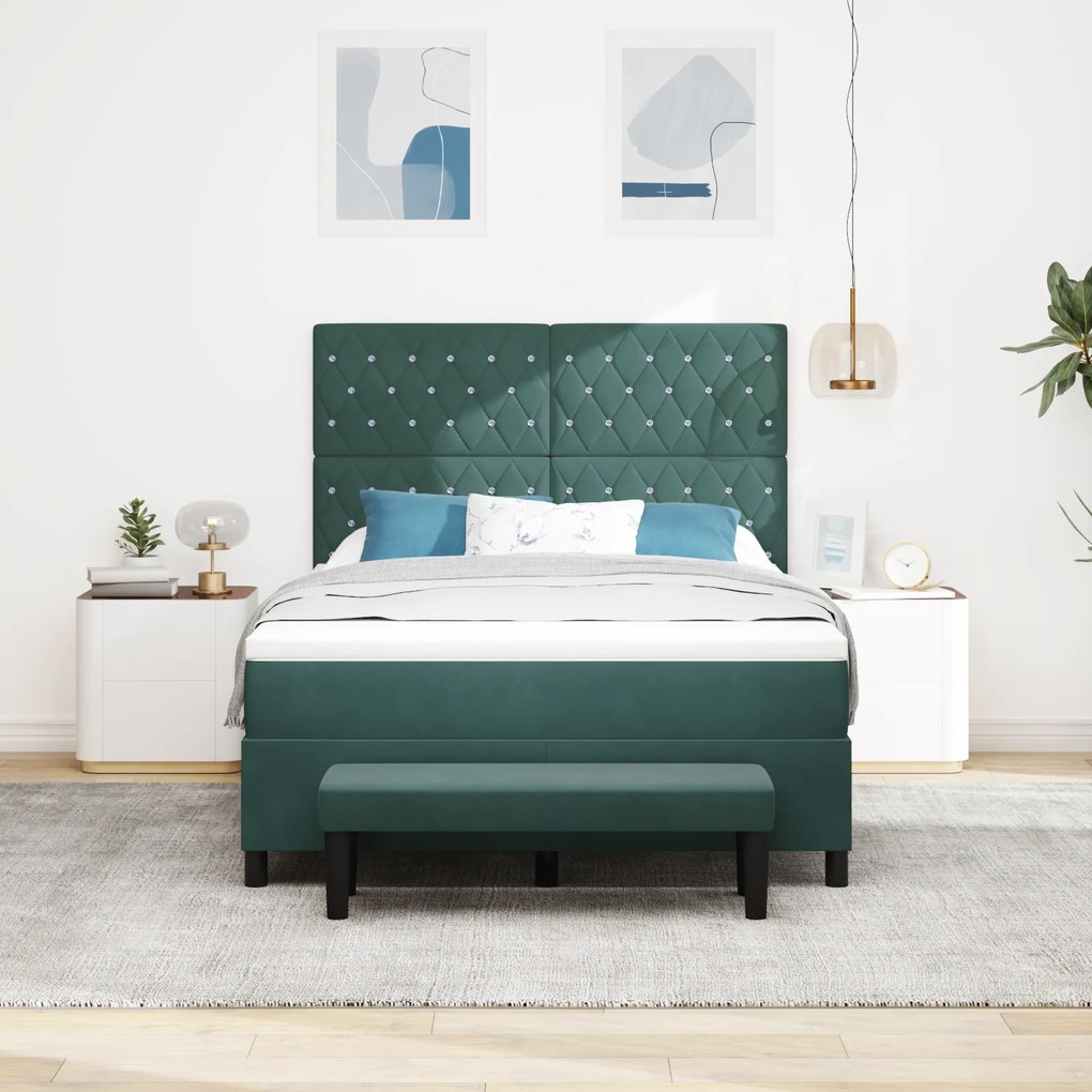 vidaXL Κρεβάτι Box Spring με Μαξιλάρι & Παγκάκι Σκούρο Πράσινο 160x200 εκ Βελούδο