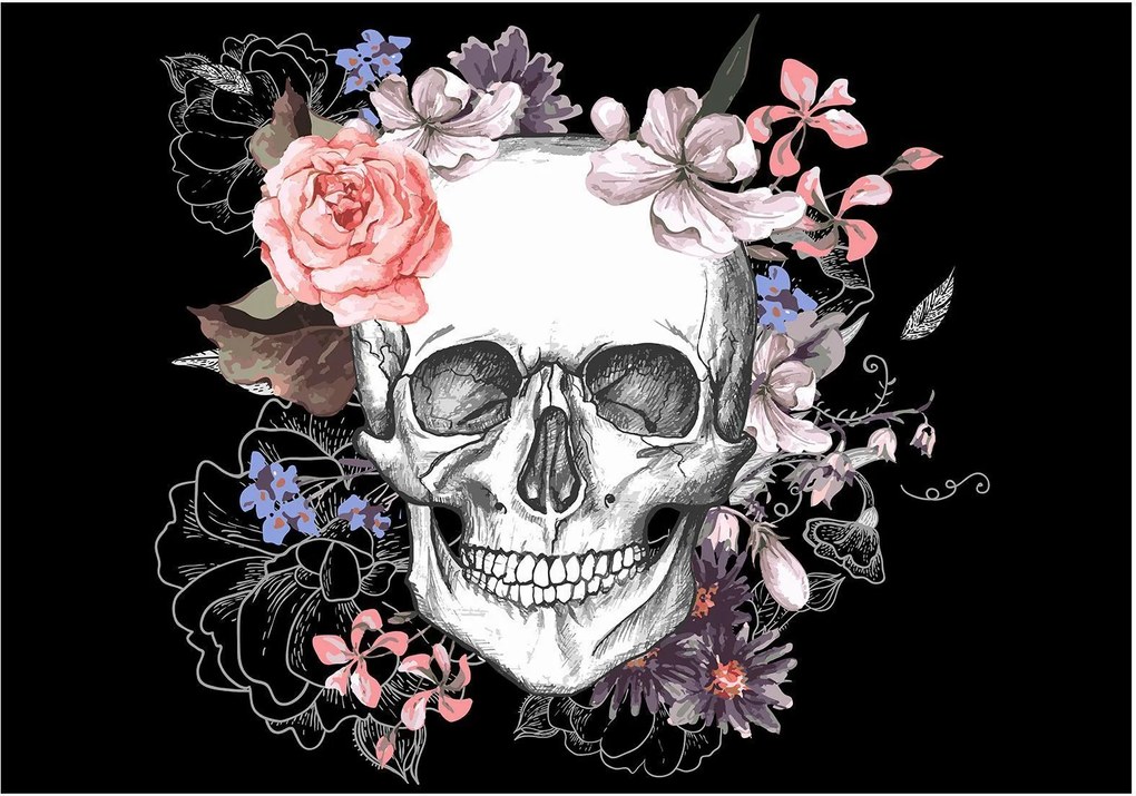 Αυτοκόλλητη φωτοταπετσαρία - Skull and Flowers - 294x210