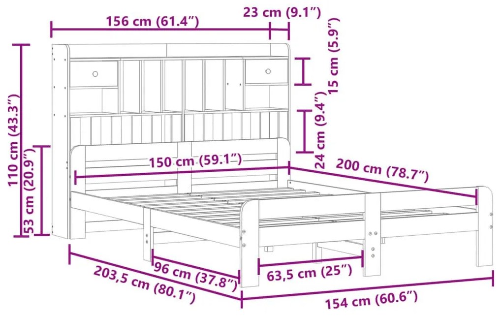 Κρεβάτι Βιβλιοθήκη Χωρίς Στρώμα 150x200 εκ Μασίφ Ξύλο Πεύκου - Καφέ