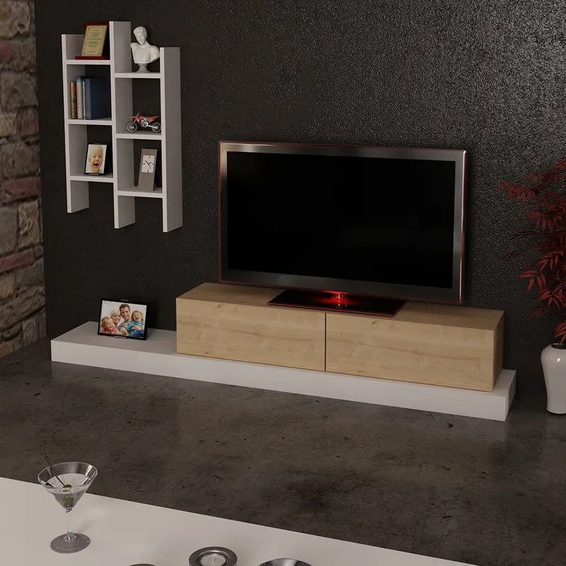 Έπιπλο τηλεόρασης Rumba pakoworld σε λευκή-oak απόχρωση 180x30x31εκ (1 τεμάχια)
