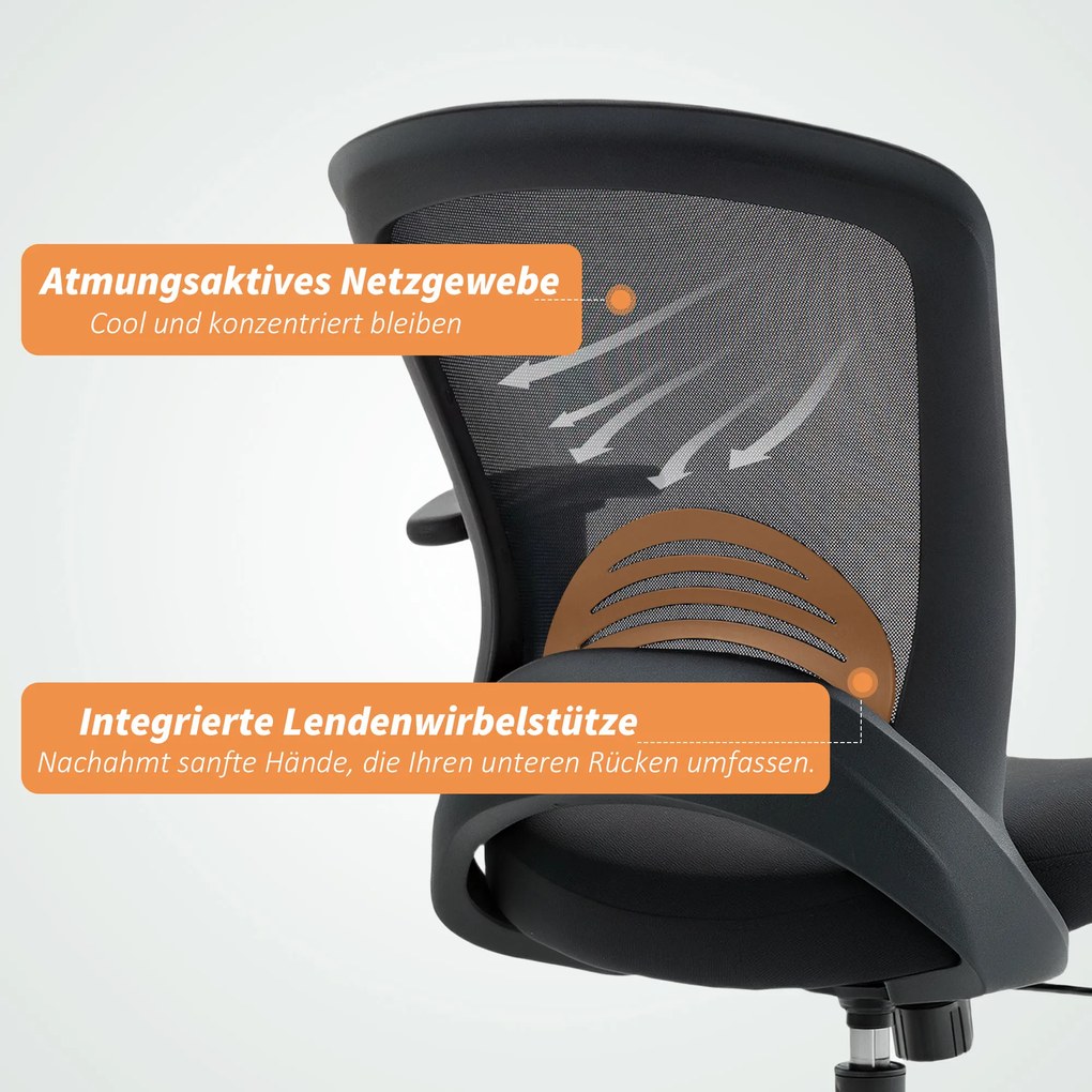 HOMCOM Καρέκλα γραφείου από πλέγμα, ρυθμιζόμενη καρέκλα γραφείου με πλεκτή πλάτη, τροχήλατη, με λειτουργία ανάκλισης, Μαύρο