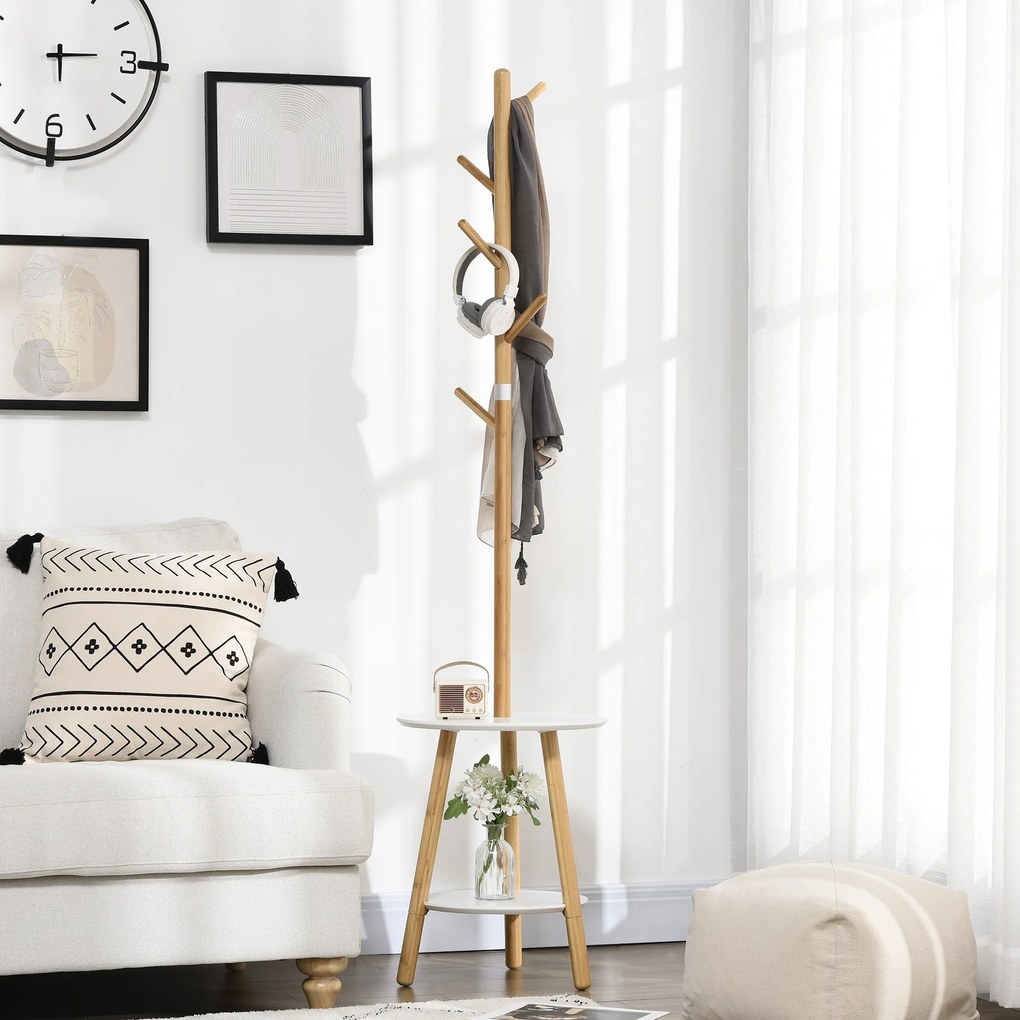 HOMCOM Κρεμάστρα παλτών με βοηθητικό τραπέζι σε σκανδιναβικό στυλ, 5 γάντζοι παλτών, 39,5 cm x 39,5 cm x 171 cm, φυσικό + λευκό