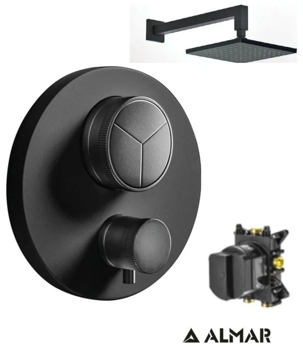 Almar Black matt Ανακλινόμενη κεφαλή 30εκ+Μπράτσο Τοίχου+Thermo-Core Push Θερμοστατικός μίκτης εντ. 3 εξόδων+κιτ εντοιχισμού
