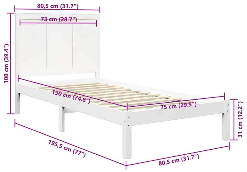 vidaXL Σκελετός Κρεβ. Χωρίς Στρώμα Λευκό 75x190 εκ Μασίφ Πεύκο