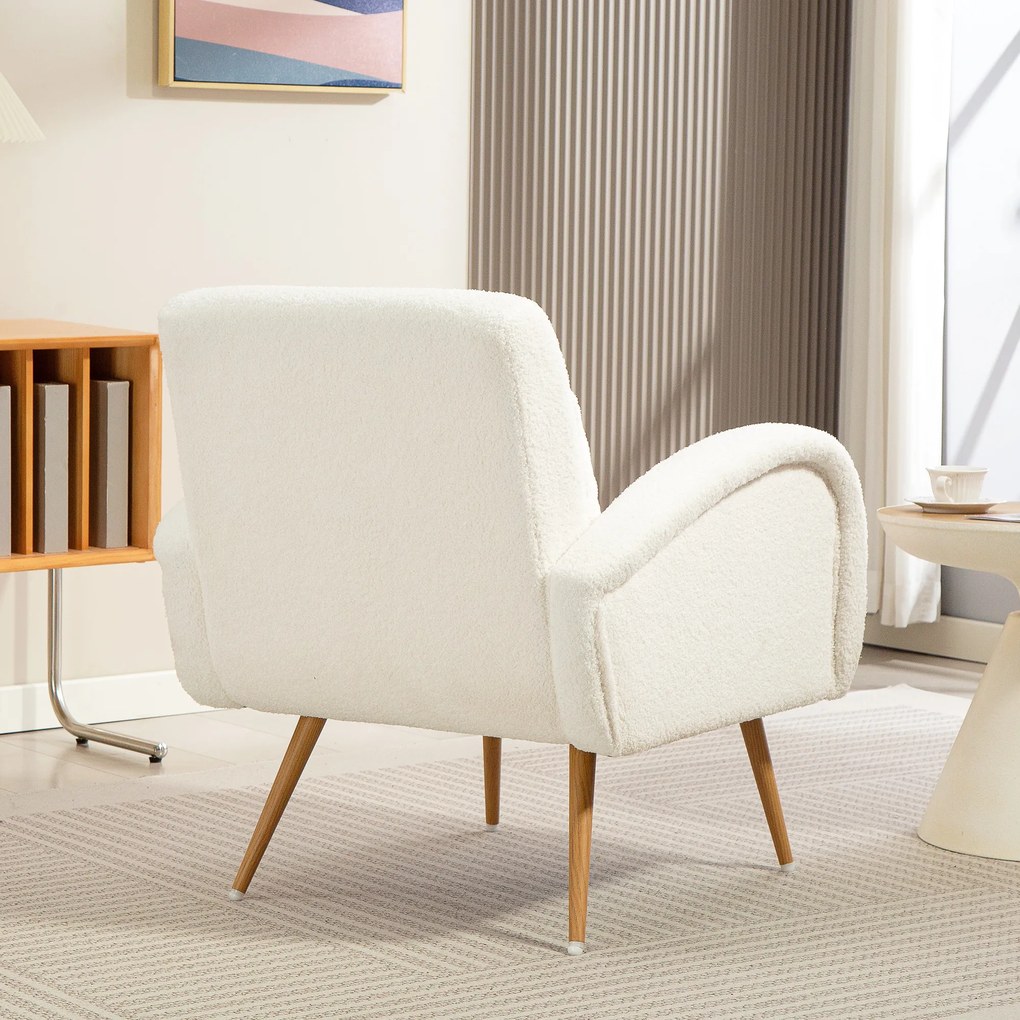 HOMCOM Πολυθρόνα με επένδυση, κάλυμμα fleece, πολυθρόνα με μπράτσα και μαξιλάρι οσφυϊκής χώρας, μεταλλικά πόδια, πολυθρόνα ανάγνωσης, κρεμ λευκό