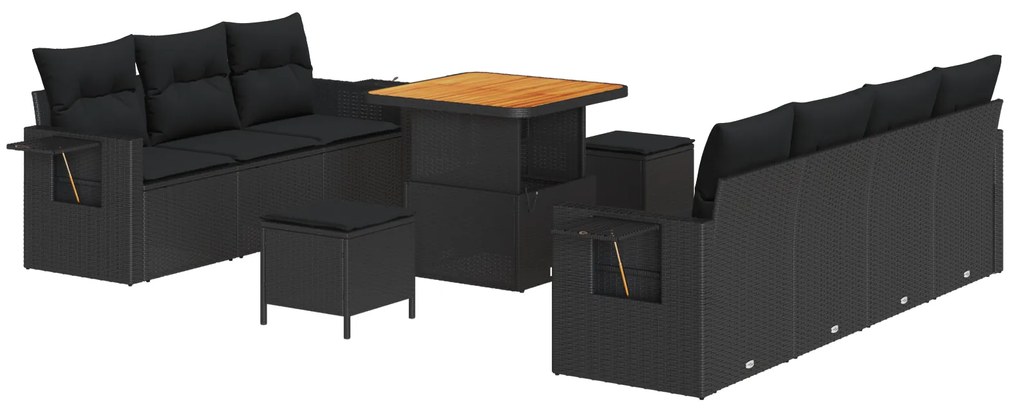 vidaXL Σετ καναπέ κήπου 10 κομματιών με μαξιλάρια Μαύρο Πολυ Ρατάν Ακακία
