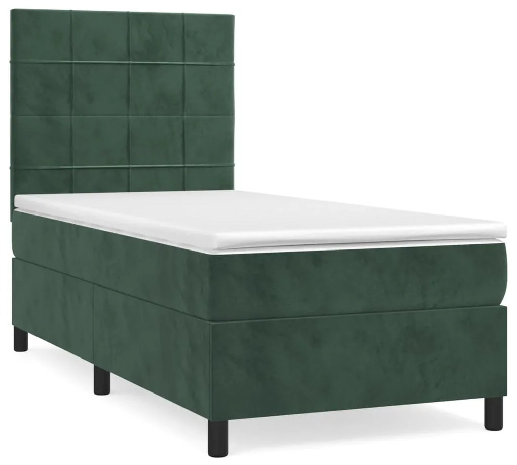 vidaXL Κρεβάτι Boxspring με Στρώμα Σκούρο Πράσινο 90x190 εκ. Βελούδινο