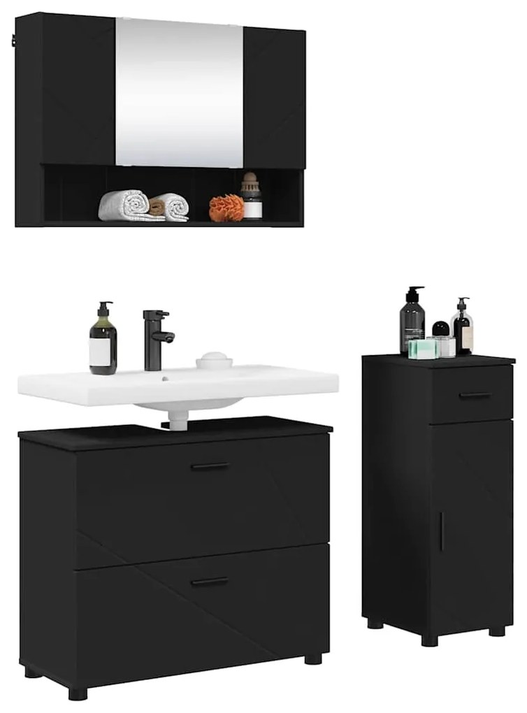 vidaXL Σετ Επίπλων Μπάνιου με συρτάρι με ράφι Επιτοίχιο 3 pcs Μαύρο