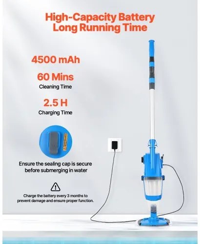 VEVOR Pool Vacuum 26 GPM Rechargeable Pool Cleaner Max. 1H with Extension Pole