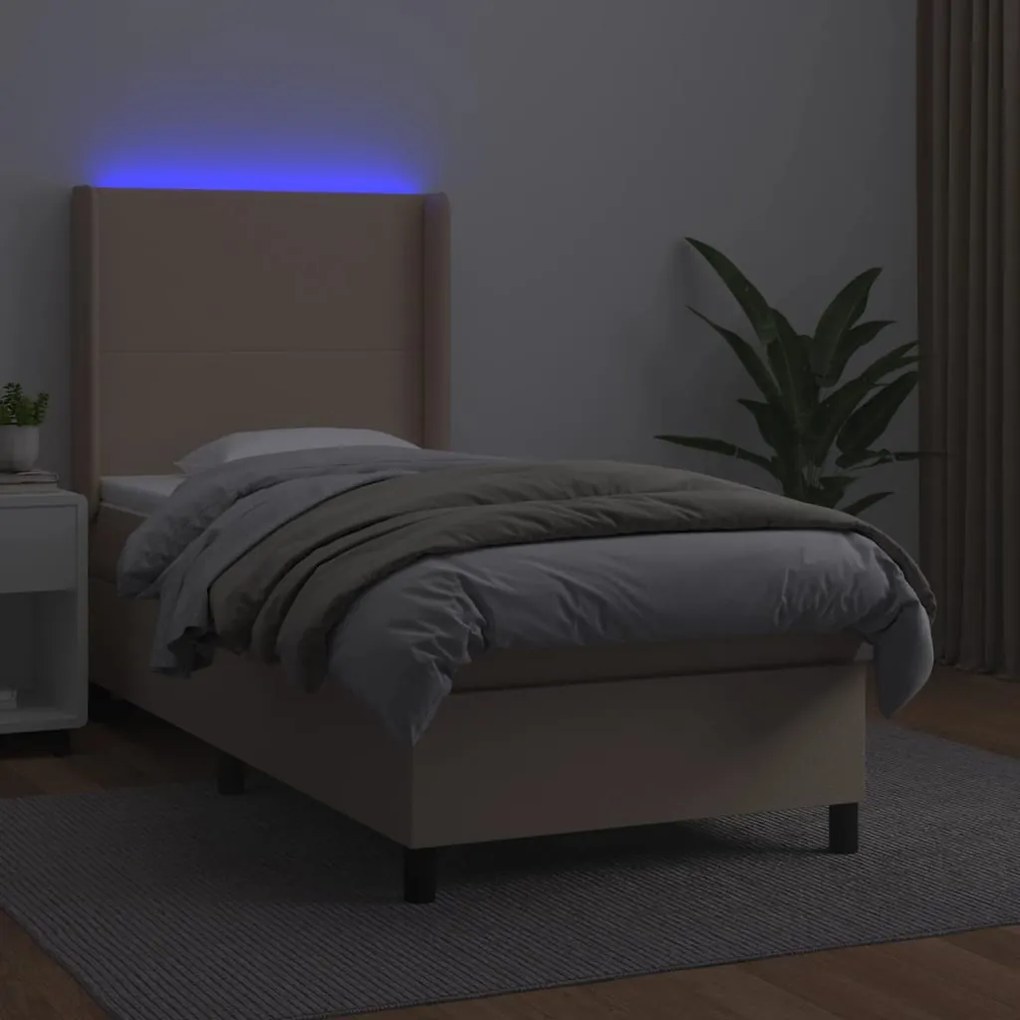 Κρεβάτι Boxspring Στρώμα&amp;LED Καπουτσίνο 90x200 εκ. Συνθ. Δέρμα - Καφέ