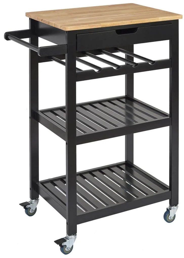 Τρόλεϊ αποθήκευσης και τακτοποίησης κουζίνας Home Deco Factory με 2 ράφια, συρτάρι, θήκη για μπουκάλια και διαστάσεις 61x40x84.5cm - Black