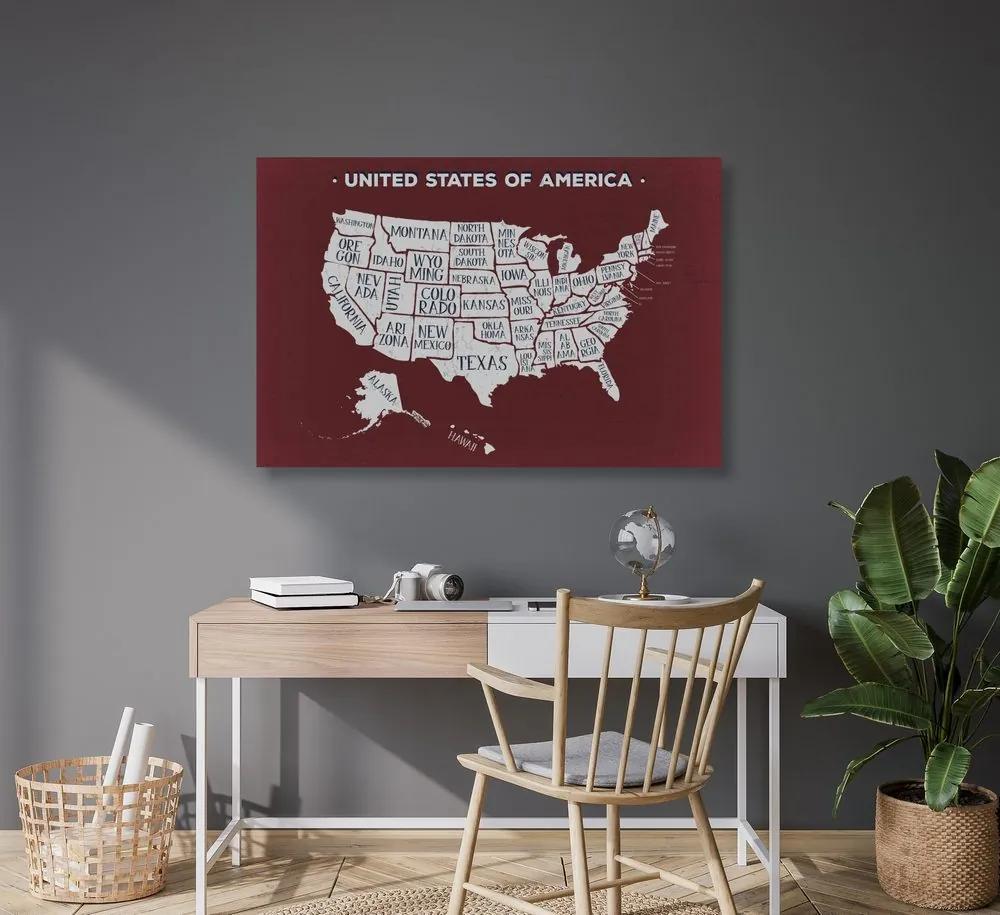 Εικόνα στον εκπαιδευτικό χάρτη των ΗΠΑ από φελλό με φόντο μπορντό - 90x60  color mix