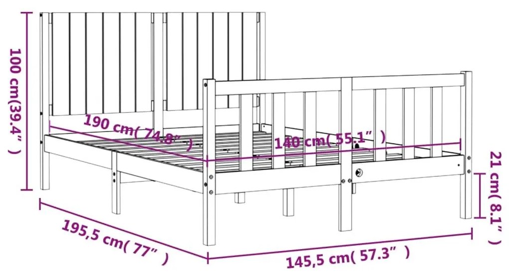 Σκελετός Κρεβατιού Χωρίς Στρώμα 140x190 εκ Μασίφ Ξύλο Πεύκου - Καφέ