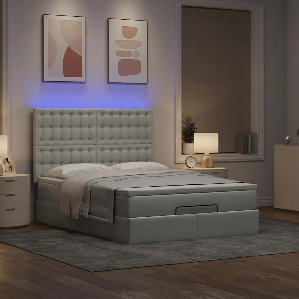 vidaXL Οθωμανικό κρεβάτι με στρώματα & LEDs Ανοιχτό γκρι Βελούδο