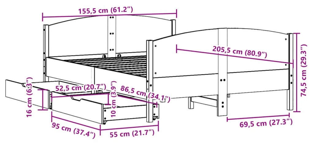 Σκελετός Κρεβατιού Χωρίς Στρώμα 150x200 εκ Μασίφ Ξύλο Πεύκου - Καφέ