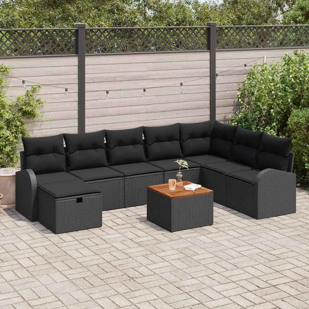vidaXL Σετ Καναπέ Κήπου με μαξιλάρι 9 pcs Μαύρο Πολυ ράταν
