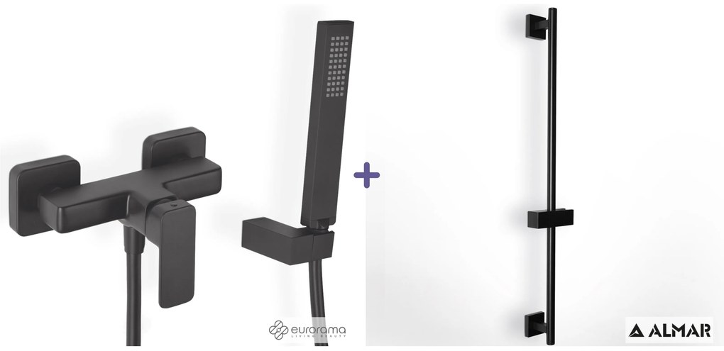 Eurorama Quadra Black Matt Μπαταρία Ντουζιέρας με Tηλ, Eπτχ Στήριγμα+PVC Σπιράλ+1,5μ+Βέργα ντους 144150-400 E087008-400