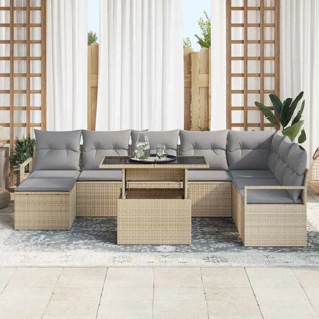 vidaXL Σετ Καναπέ Κήπου με μαξιλάρι 9 pcs μπεζ και ανοιχτό γκρι