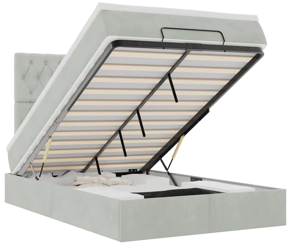 vidaXL Οθωμανικό κρεβάτι με στρώματα & LEDs Ανοιχτό γκρι Βελούδο