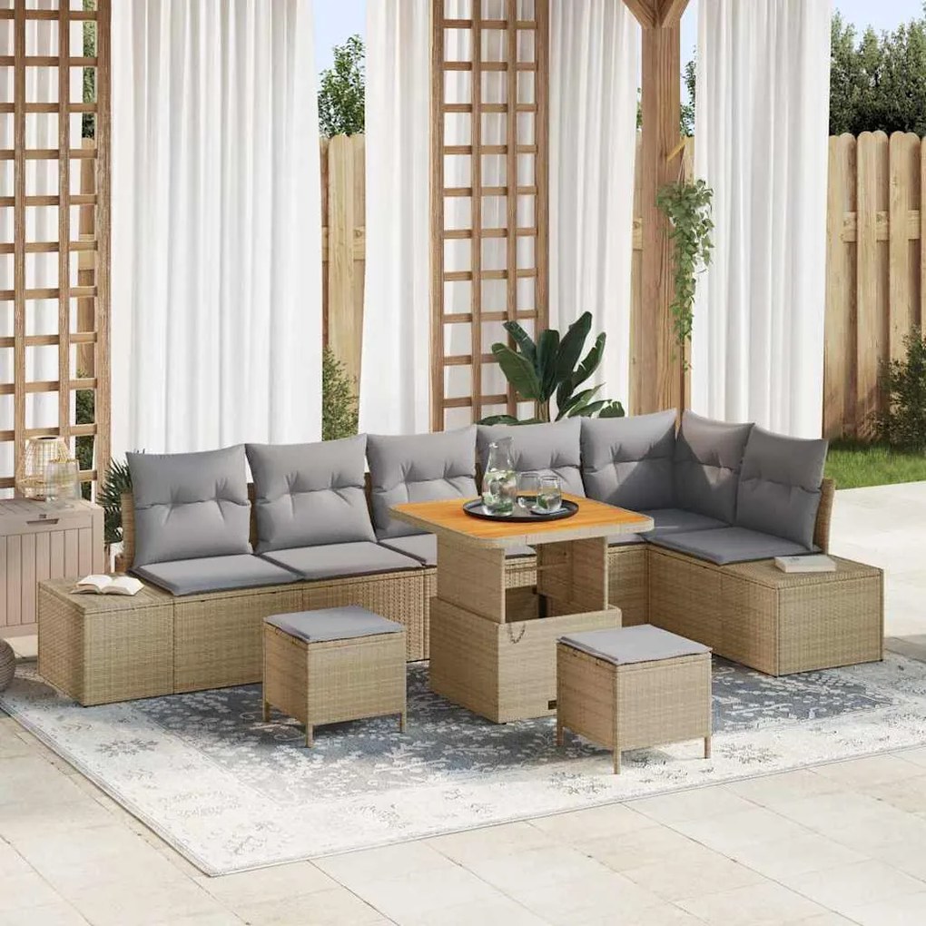 vidaXL Σετ Καναπέ Κήπου με μαξιλάρι 9 pcs Μπεζ Πολυ ράταν