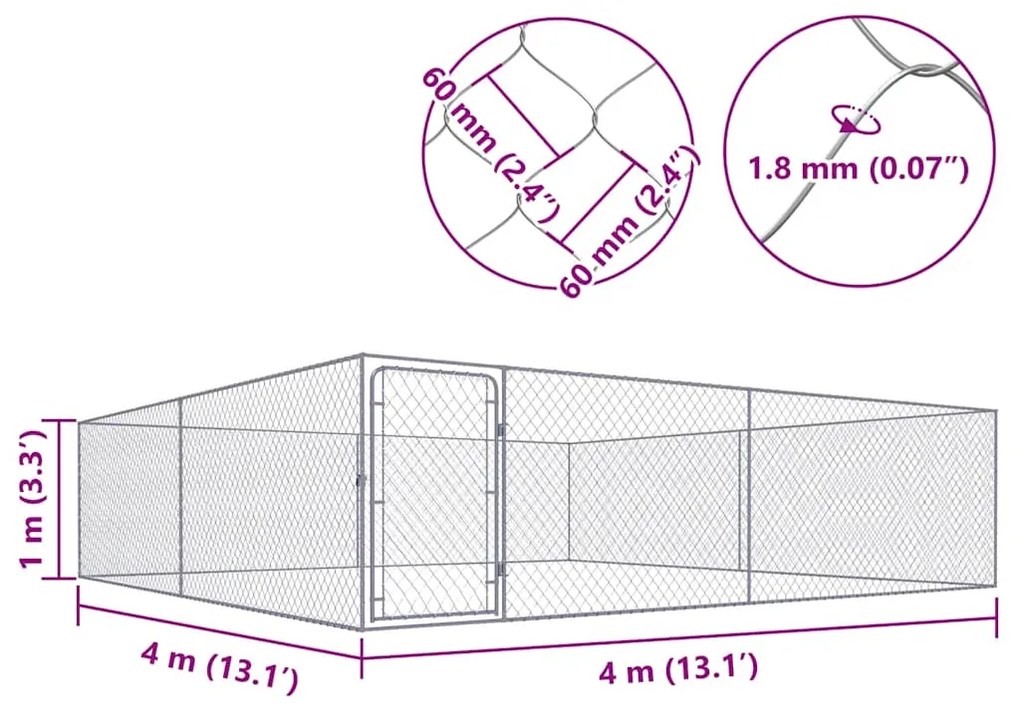 vidaXL Κλουβί Σκύλου Εξωτερικού Χώρου 4 x 4 x 1 μ. Γαλβανισμένο Ατσάλι