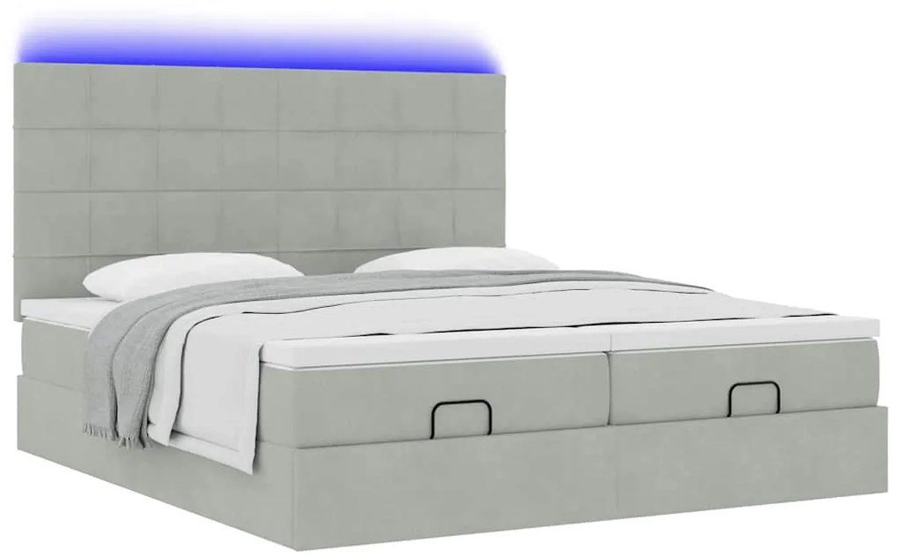 vidaXL Οθωμανικό κρεβάτι με στρώματα & LEDs Ανοιχτό γκρι Βελούδο