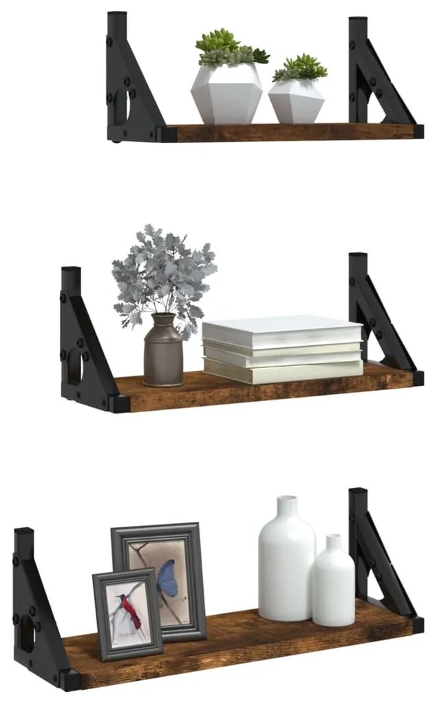 vidaXL Ράφια Τοίχου Σετ 3 Τεμαχίων Καπνιστή Δρυς Επεξεργασμένο Ξύλο