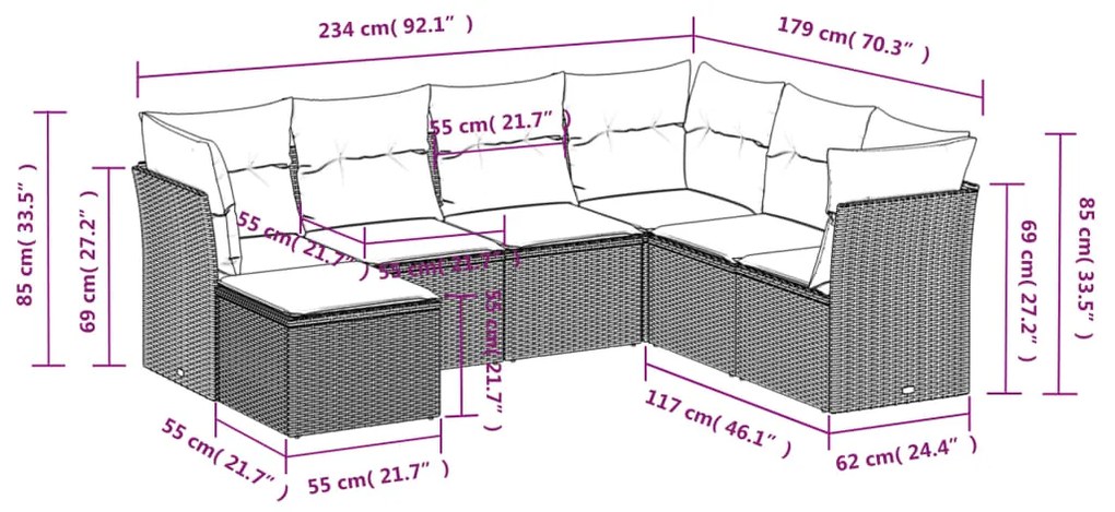 vidaXL Καναπές Σετ 7 Τεμαχίων Μαύρο Συνθετικό Ρατάν με Μαξιλάρια