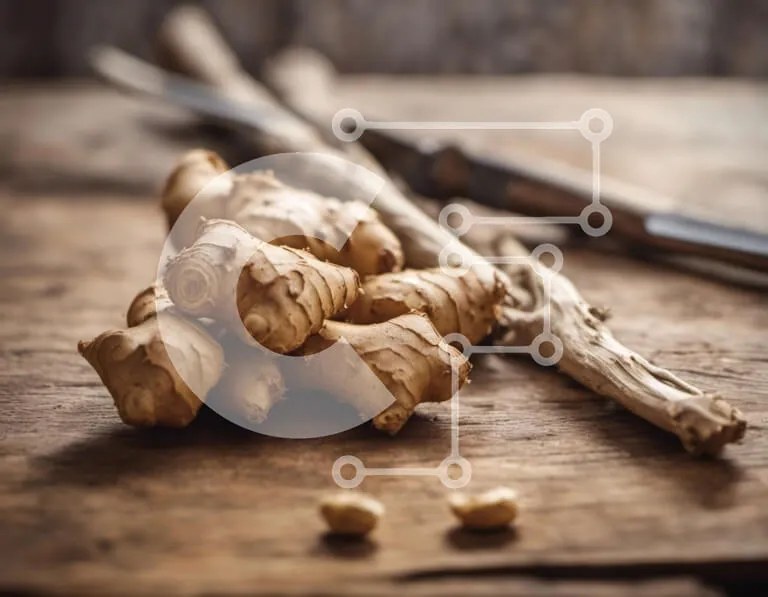 Intra Συλλεκτικό Ξύλινο Παζλ Plywood  4mm - Φρέσκες ρίζες τζίντζερ σε ξύλινο τραπέζι Σε Ξύλινο Κουτί - Διαστάσεις: 10x10 cm – 25 κομμάτια