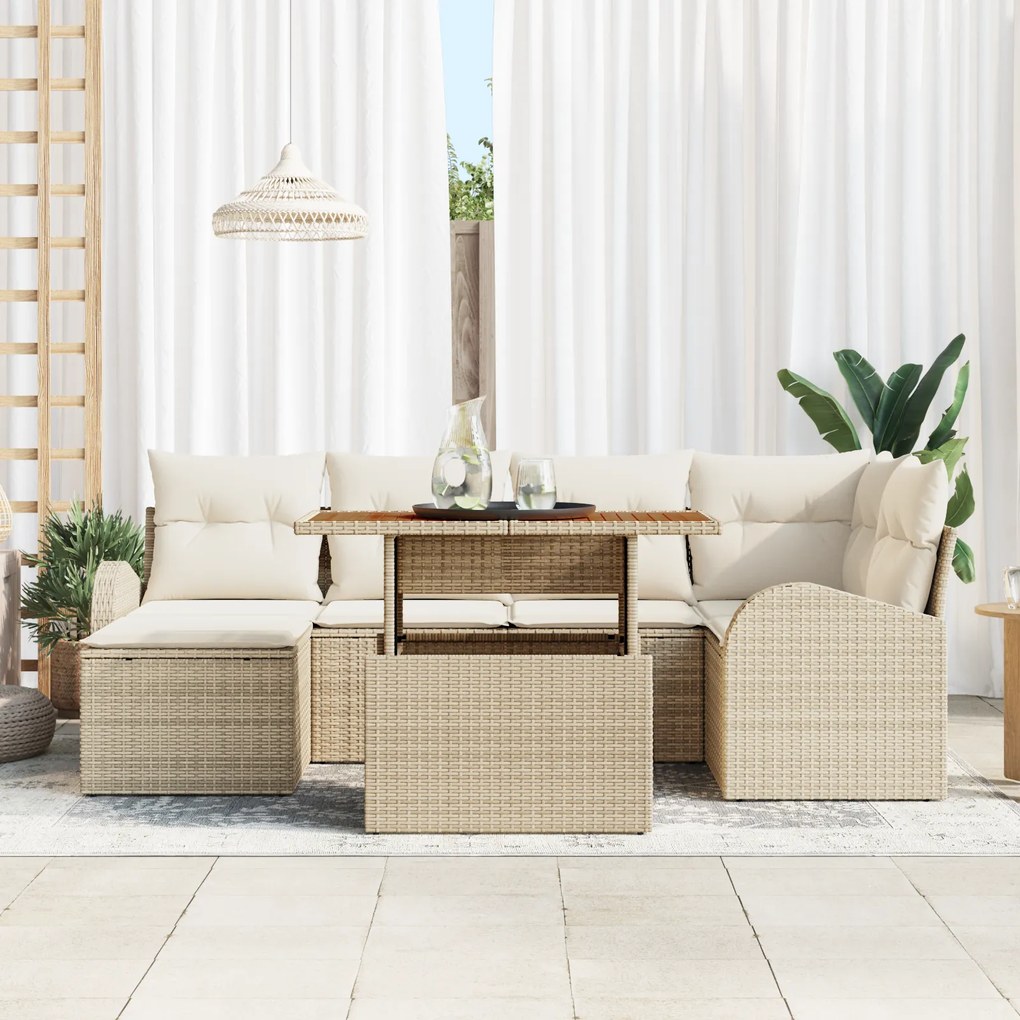 vidaXL Set με 7 κομμάτια καναπέ κήπου με μαξιλάρια μπεζ πολυ-ρατάν